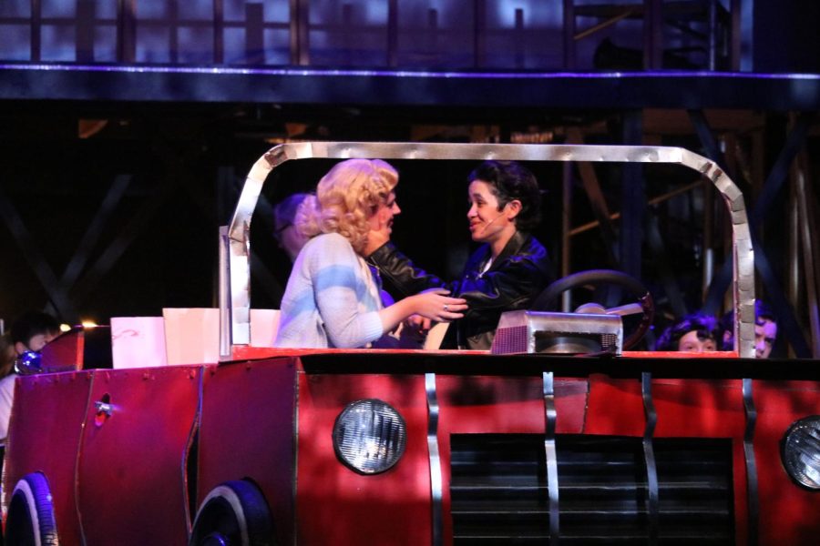 Sandy Dombrowski and Danny Zuko, played by seniors Sophia Rynes and Cris Montero, share a heartwarming kiss after making up for all their troubles only to be followed by another fight leading to Zuko singing, ‘Alone At A Drive In Movie’.