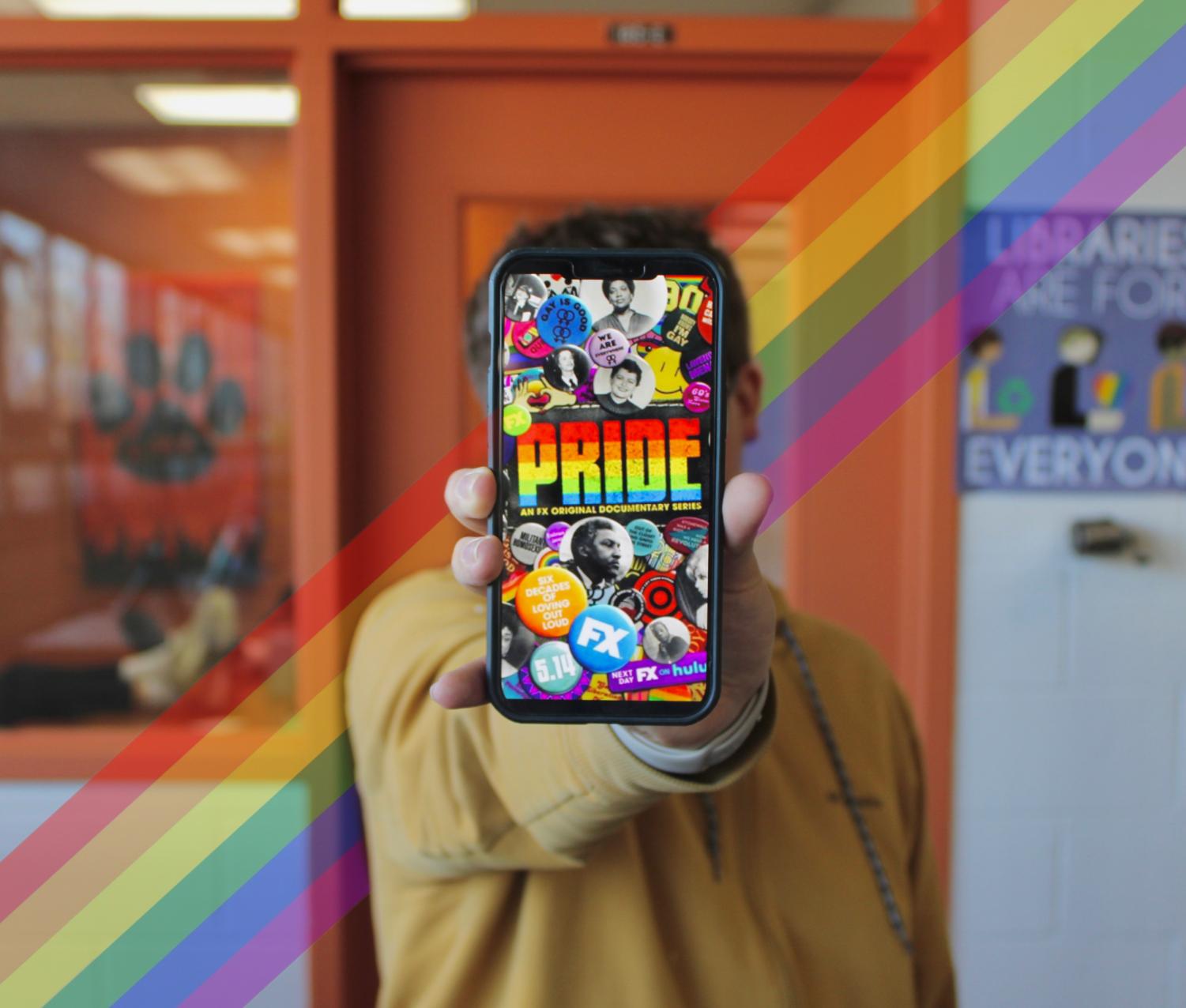 Student displays ‘PRIDE’, a Hulu documentary about the struggle for civil rights in the LGBTQ+ community.