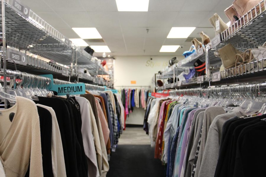 Donated clothes are on display and ready for purchase at Plato’s Closet in Libertyville, a thrift store with a wide selection of used clothes.
