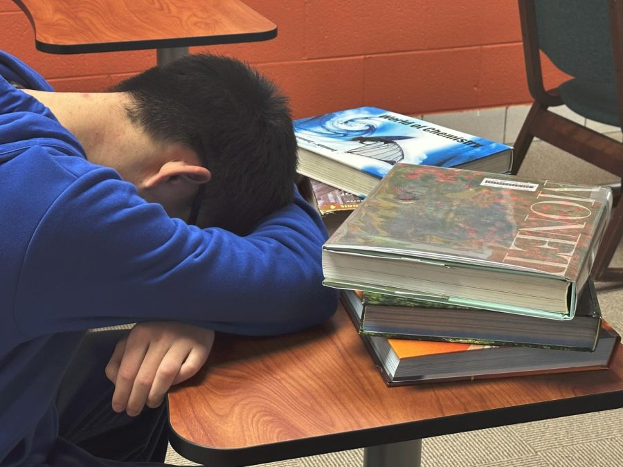 A Student Rests their Head on a desk exhausted by the weight of school work. Overwork has been proven to have negative effects on the human body. 