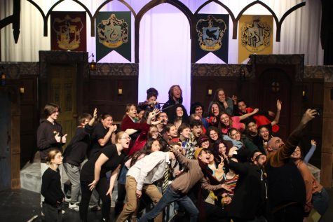 All the cast and crew members of the show “Puffs,” who performed live on Jan. 27-28 in the LHS Studio Theater, gather around to take a selfie with Mr. Thomas, the theater director. Sophomore Michael Harris, who played Cedric, felt a great sense of community within the cast and crew, despite being relatively new to theater. “Everyones just been super kind to me,” Harris said. “Theyve all just been super encouraging and helpful and its just [been a] fun experience.”