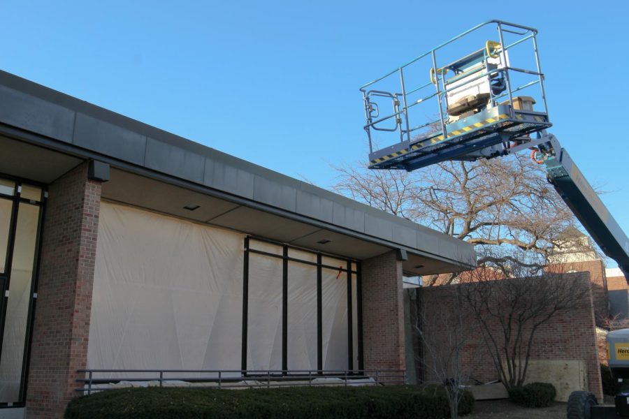 A crane towers over Cook Library, one of the many pieces of equipment used for the renovations.