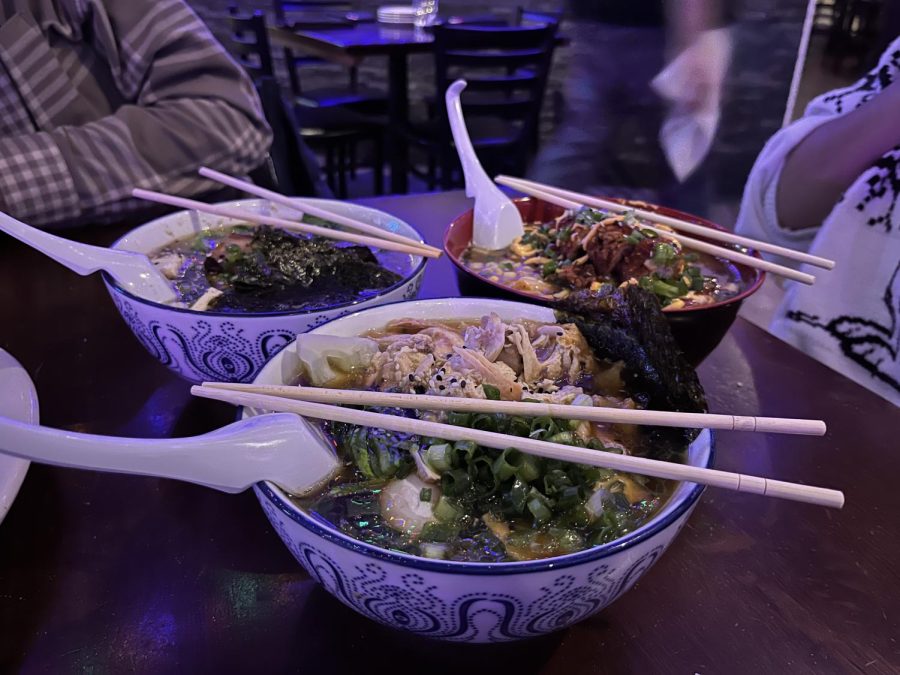 The tonkotsu ramen (left), chicken katsu ramen (right) and the chicken shoyu ramen (center). The restaurant offers five types of ramens overall.