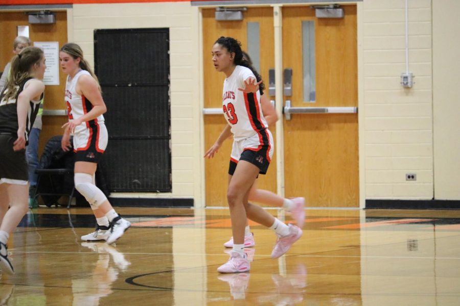 Juniors Talya Tillman (33) and Maddy Kopala (42) hold a strong defense against the Corsairs. Coach Pedersen explained how in the second half of the game “Kopala’s defense and amping up the pressure in the full court [were] really game changers.”