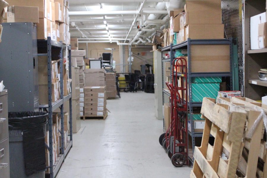 Supplies crowd the storage room. The storage room holds many kinds of things for many different groups. This includes the custodial staff, who keep their supplies here. There are also 18 different colors of printer paper kept down in the storeroom. “I think we do 22 skids [pallets] of white copy paper every year,” Building and Grounds Director Mr. Chris Stancil said. That means that LHS consumes 4,400,000 sheets of white copy paper every year. 
