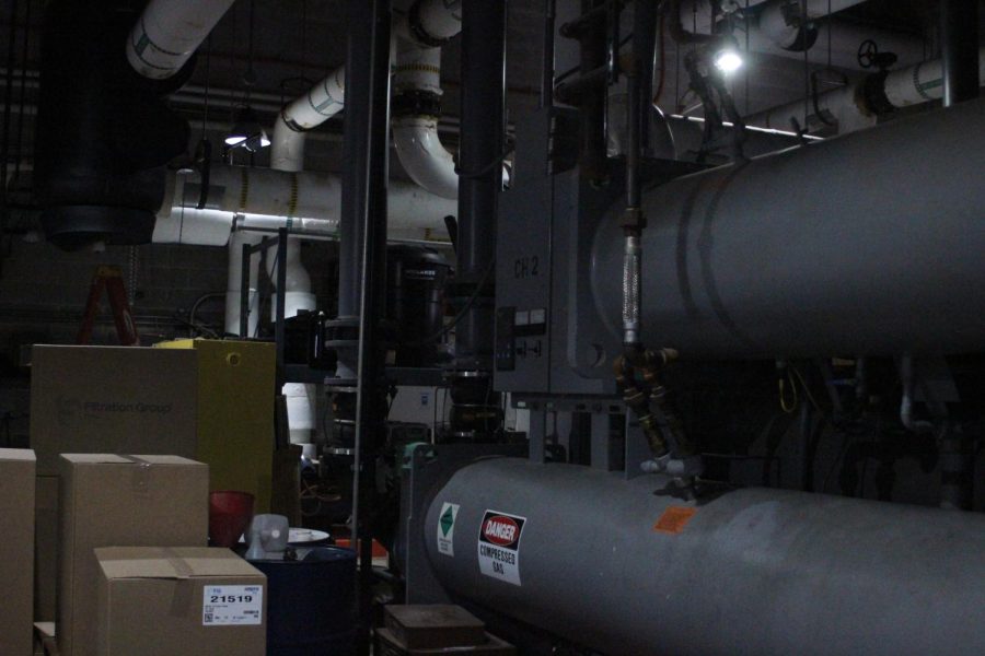 Water chillers fill the chiller plant. Most of the schools cooling and heating comes from this building, the chiller plant, that is kept mostly separate from the rest of the school. There are four heating boilers and two water chillers in the building. These two water chillers, that move 60,000 gallons of water per day, were both installed in the 1990s and are set to be replaced at the end of the summer. 
