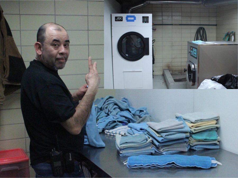 Custodian Bernie Ramirez folds rags to get ready for the day of cleaning. All of the custodians use cloth rags to clean surfaces. These rags are washed and dried in this washer and dryer (top right) in the basement. 
