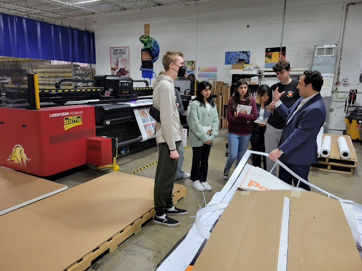 The editors, juniors Alex Clark, Zahraa Patel, senior Jasmine Lafita, Sarah Wuh, juniors Jack Birmingham and Eva Fahrenkrog, tour the James Smith Printing Plant, where our DOI magazines are printed.