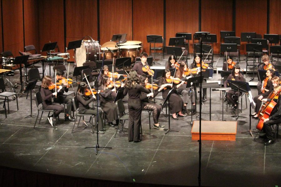 Freshman Liane Lin, 1st violin, section leader and soloist for the concert orchestra, tunes the other members of the ensemble. The concert orchestra played three songs: “Fiddler’s Fury by Alexander Safford, “Elegy from Serenade for Strings” by P. Tchaikovsky (arranged by Del Borgo) and “Symphony No. 8, Finale” by Antonín Dvorak (arranged by Dackow).