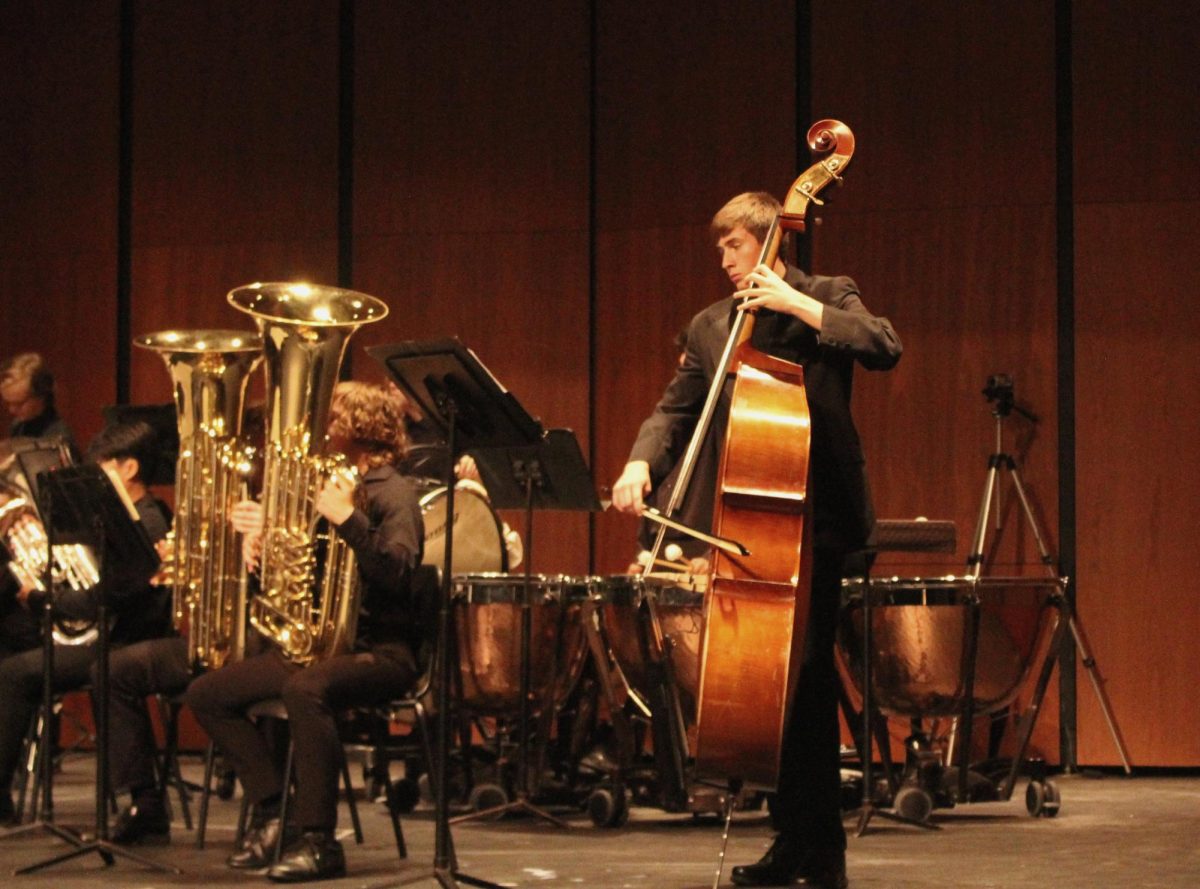 The only string instrument player in the Wind Ensemble is senior Owen Gohr. He played the string bass in the “First Suite in Eflat by Gustav Holst.
