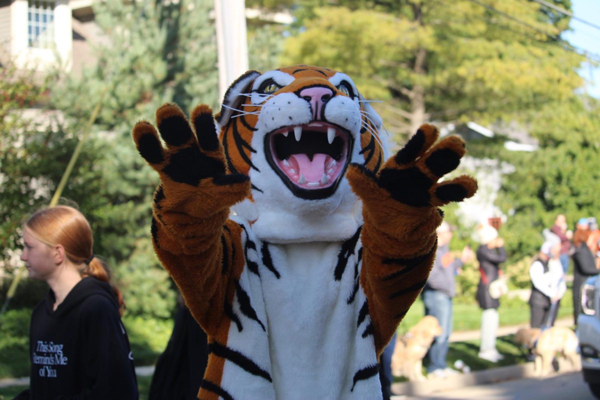Ending the parade with a roar, Libertyville mascot Willy the Wildcat waves goodbye to Libertyville residents and onlookers, all of whom are clapping with jubilation as result of another successful parade.