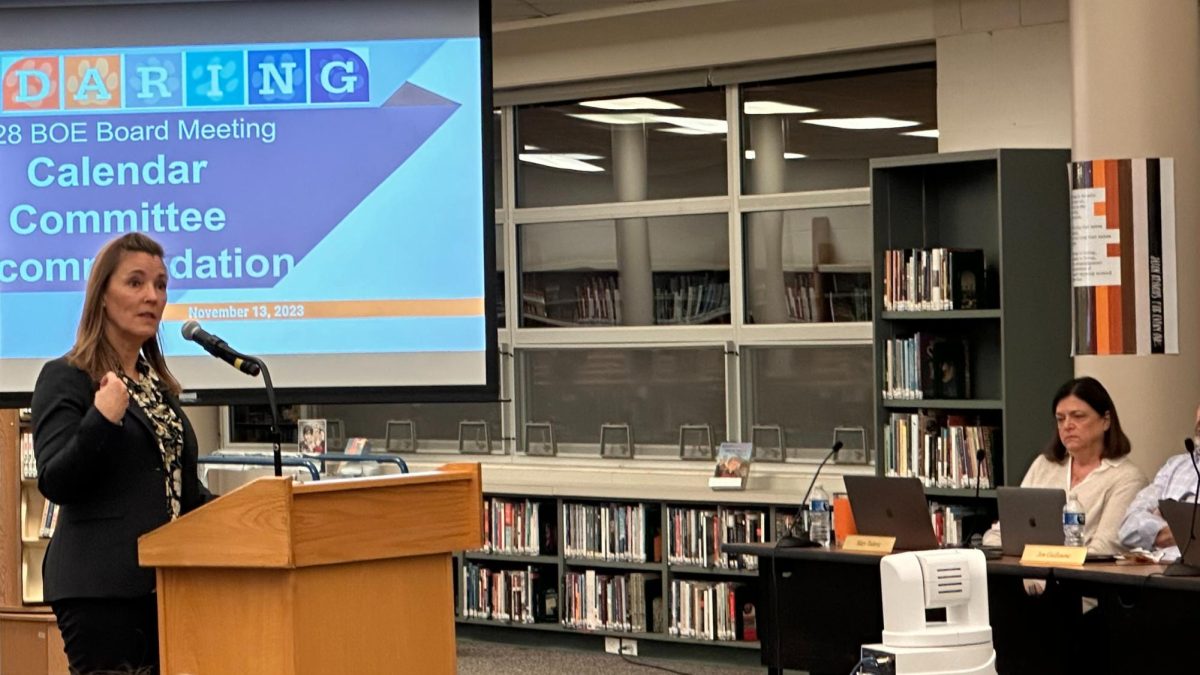 At the Nov. 13 BOE meeting at Vernon Hills High School, Superintendent Denise Herrmann explains the background of the adoption of an operational calendar. She said that the district has “diversity beyond those four religions [Christianity, Hinduism, Islam, Judaism], among festivals, and many of the board members recognize that this could be an ongoing decision that we may face in the future”.