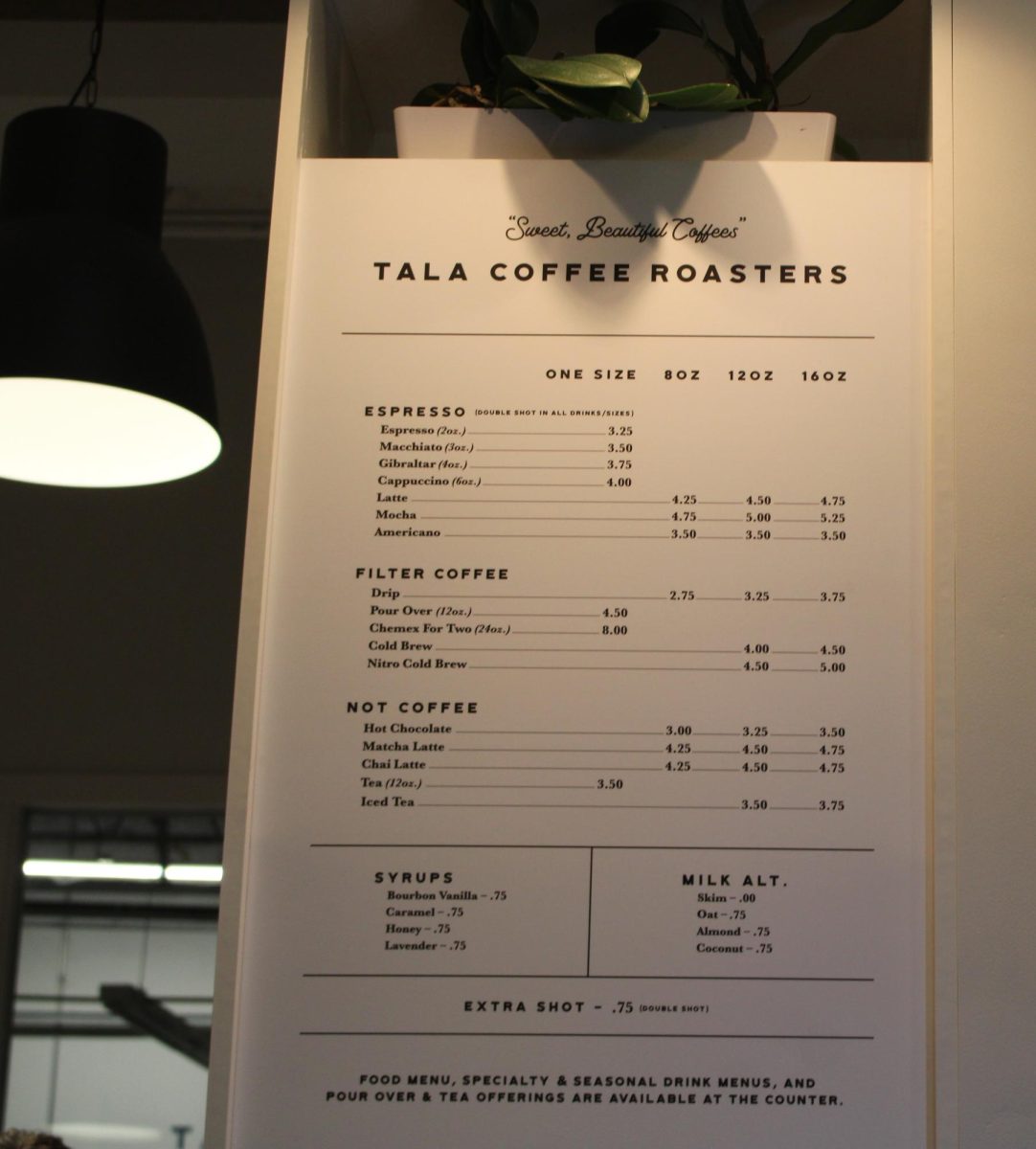 The Tala menu shows off different kinds of coffee that they serve along with multiple milk substitutes and teas. Tala’s coffee is supplied by a small Asman Gayo mill in Aceh, Sumatra, which is located on an island in Indonesia. 