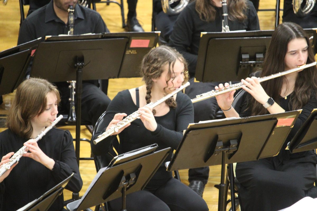 Sophomore Kait Andersen, a flute player in the Symphonic Winds Band, contributes to the performance. Andersen first performed in the band festival last year. “I think it’s my favorite concert of the year,” Andersen said. “I liked the mass-band tunes. They’re really fun!”