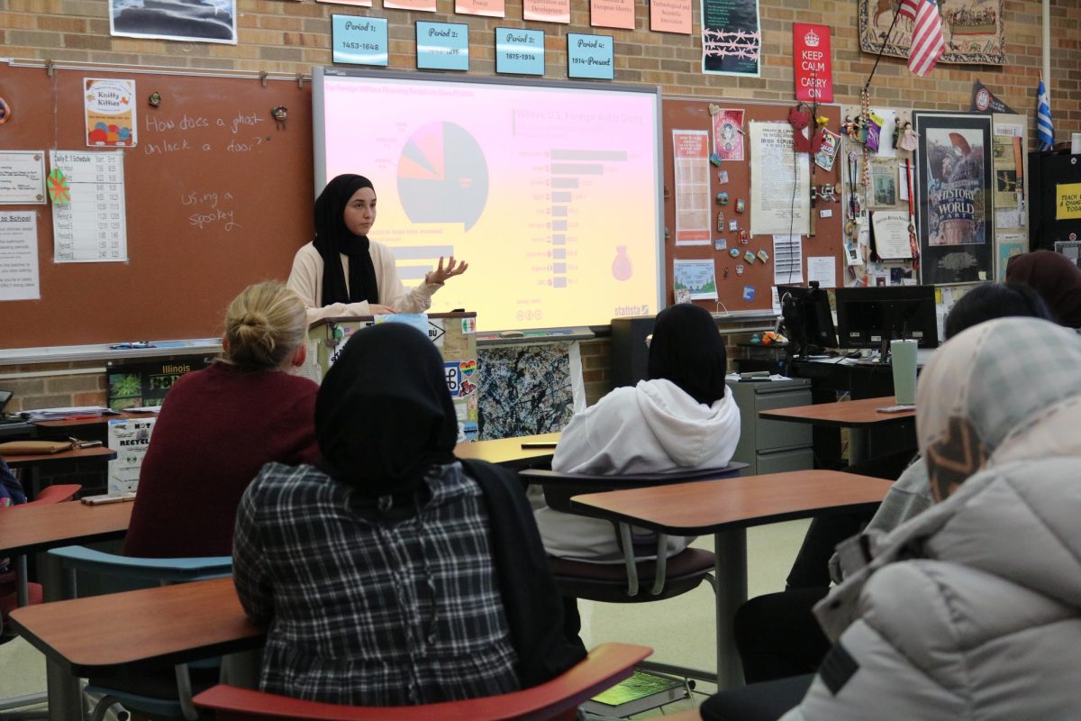 Senior Mai Asad gives a presentation on the Israel-Palestine conflict during a session of the Muslim Student Association. 