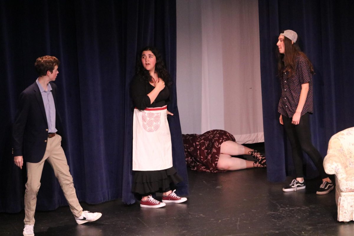 Caption: After finding out that Jane Meridew, played by sophomore Sophia Jones, was ‘dead,’ the cast points their fingers at Dave Marcus-Lucas, played by junior Abby Sladek. Although in the end we find out that Jones was in fact still alive, it’s too late as all the other characters can’t do anything to stop her.