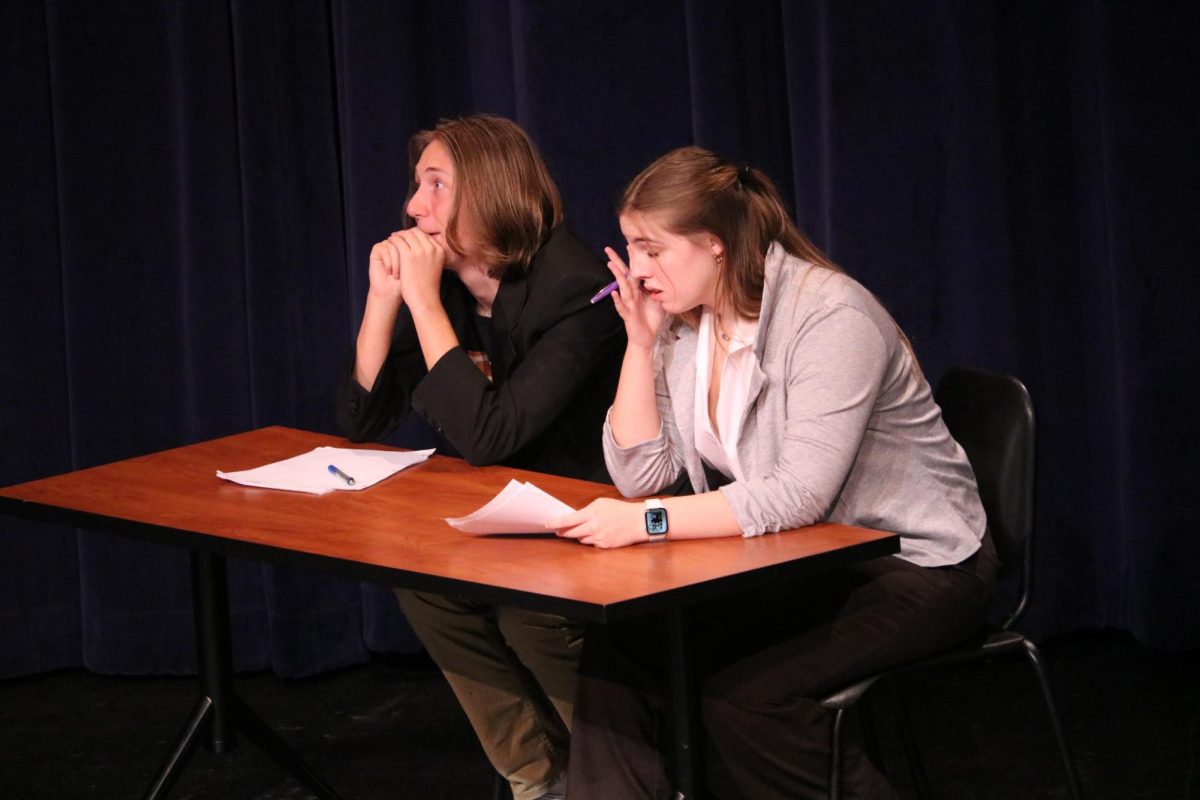 Junior Jake Potter and senior Danielle Gibson conduct a plethora of interviews with  famous characters and people as they look for the best employee for their rubber band company. Evident by Gibson's comments throughout the skit, it was clear to the audience how annoyed she became with the supposed ‘meet & greets’ her partner set up, leading her to quit in the end.