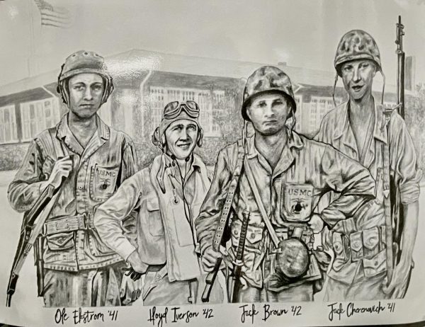 This drawing on display outside the library imagines what the four soldiers would have looked like had they posed for a picture standing in front of LHS’s Brainerd Building (the Butler Lake building was not built until 1954). The drawing was created by artist Jeriann Dosemagen under the direction of Nemmers and Eggert.