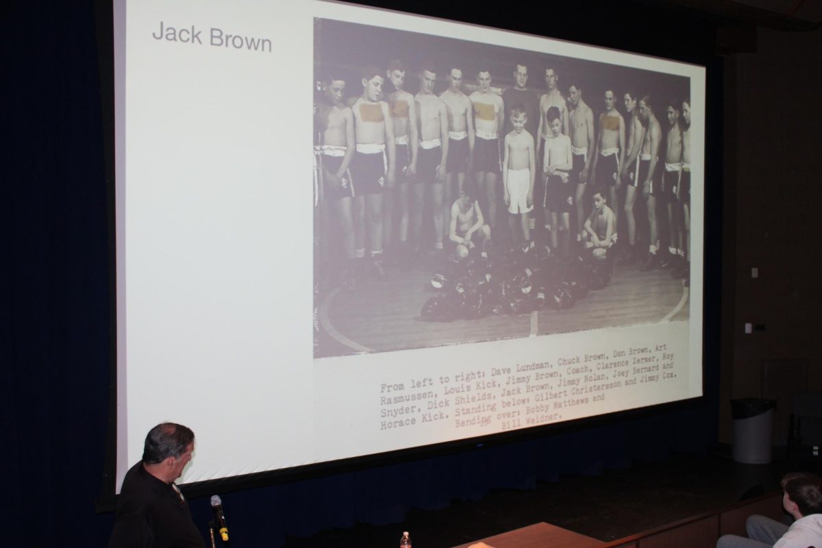 This slide from Mr. Nemmer’s presentation  highlights the life and achievements of Jack Brown. Brown was an accomplished boxer in high school. He later joined the Marines. He fought and died at Wana Draw in Okinawa.