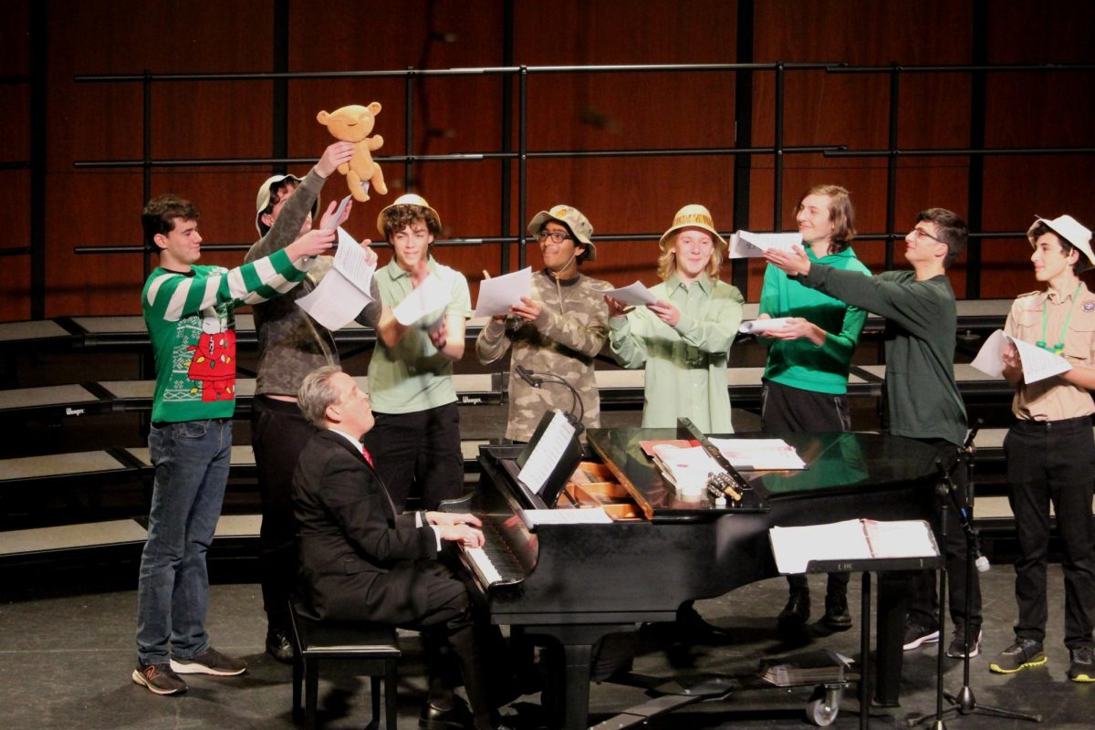 The Cleftomaniacs, a singing group not part of the official Fine Arts program open to tenor and bass singers, performs “The Lion Sleeps Tonight” by Roger Emerson. The Cleftomaniacs perform thrice yearly at the Holiday Festival, Cabaret, and Spring Choral Concert.
