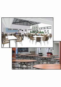 (Top) An architect’s drawing of a proposed plan for the renovated cafeteria, featuring a skylight and an open floor plan. (Bottom) A photo of what the cafeteria currently looks like, having been built in 1953 and last expanded in the ‘60s.
