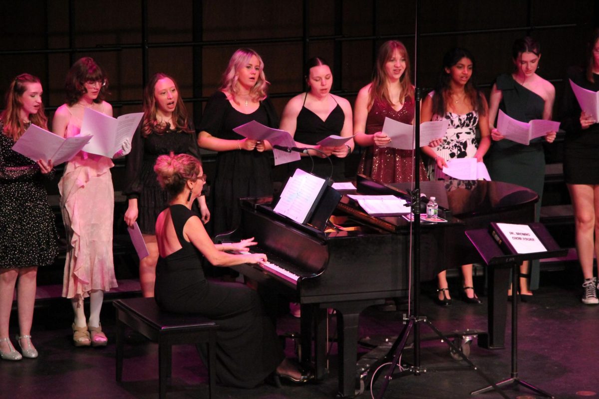 Acabellas perform “Love Story” by Taylor Swift. Freshman Addi Sriram said that “getting to watch everybody have fun, perform and just dress up and just have a good time” was her favorite part of her first Cabaret concert. Caption by Ash Magalhaes