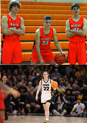 University of Iowa senior and LHS alum Patrick Graham (top right) poses with his teammates. Graham is now one of 19 men on Iowa’s gray squad and rotates trying to guard NCAA superstar Caitlin Clark (22). (Photos courtesy of Wikimedia Commons and Mr. Mike Graham)