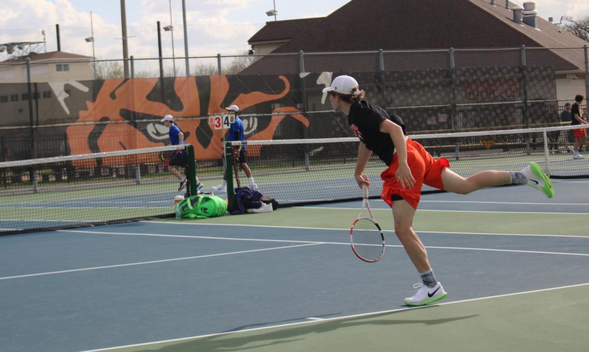 Senior co-captain Grant Angelbeck scores a point against the Blue Devils in the two singles match. Angelbeck, who won his sets 6-1 and 6-0, said that he is “looking forward to improving my consistency throughout this season.”
