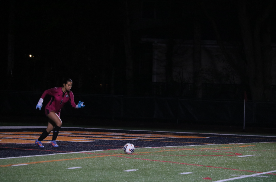 Brianna Valdez (1), a senior goalkeeper prepares to kick the ball to an open teammate.
