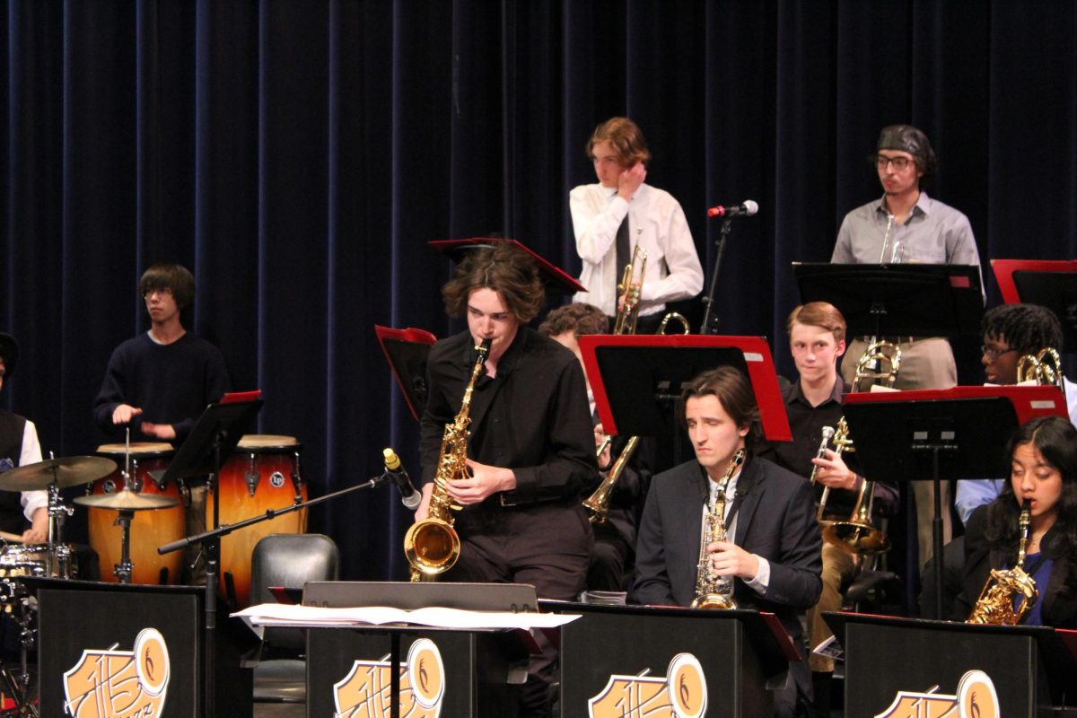 Sophomore soloist Davis Hillback plays the tenor sax. Of the three songs the Lab Band played, Davis performed as a soloist in two of them: “Alamode” and “Hip N’ Cool”.