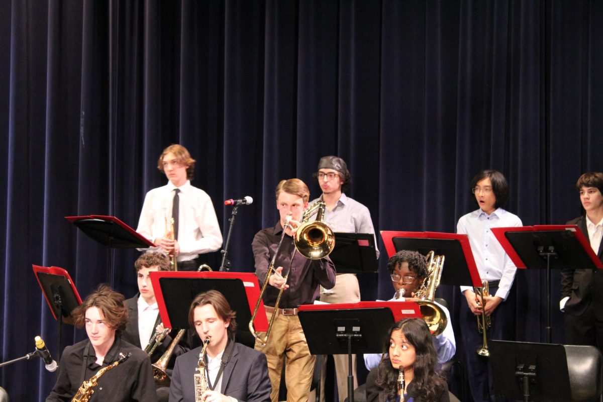 Freshman soloist Braeden Weaver performs a solo in “Alamode” on the Trombone in the Jazz Lab Band.