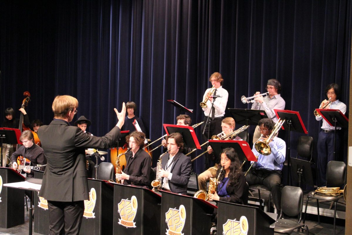 Mr. Ben Voigt conducts the Jazz Lab Band. Mr. Voigt and the Lab Band performed three songs Thursday night, being “Alamode”, “Hip N’ Cool”, and “Mas Blues”.
