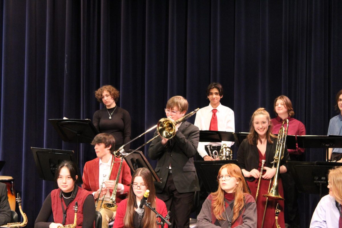 Sophomore Richie Dombrowski plays for the Jazz Ensemble. He had solos in two songs, Emancipation Blues and Like It Is. “A scallywag like myself holds the opinion that soloing is like food, its a delicacy,” Dombrowski said.