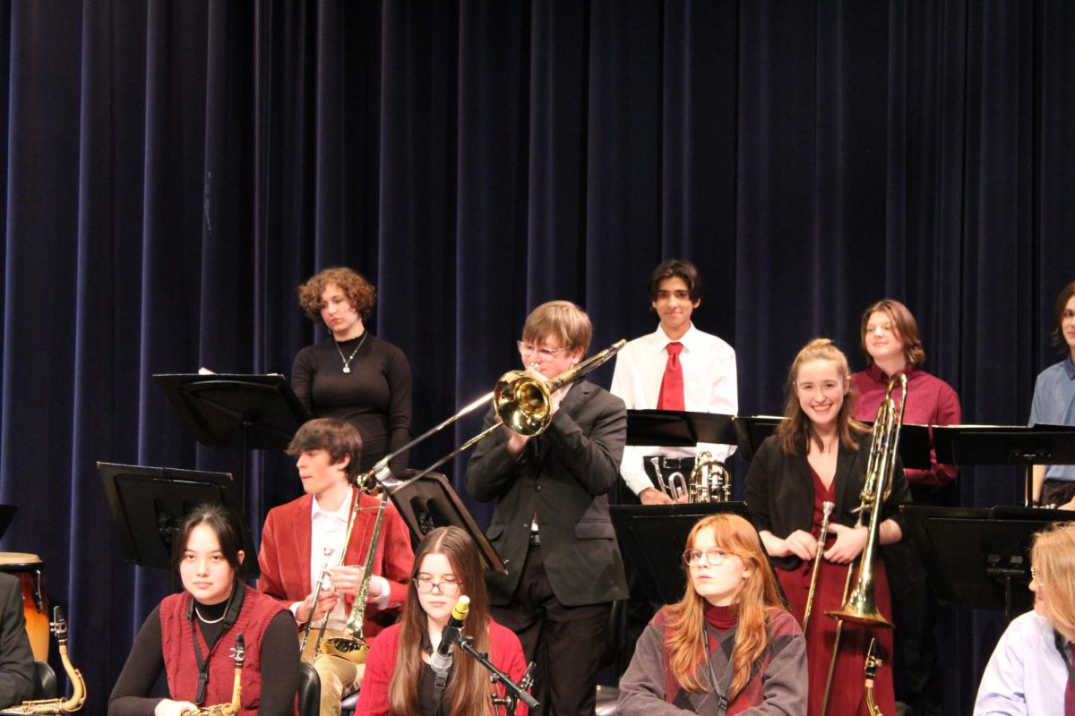 Sophomore Richie Dombrowski plays for the Jazz Ensemble. He had solos in two songs, Emancipation Blues and Like It Is. “A scallywag like myself holds the opinion that soloing is like food, it's a delicacy,” Dombrowski said.