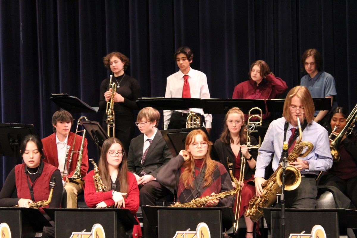 Junior Liam Neilson performs for the Jazz Ensemble. He also performed as a soloist  in “Emancipation Blues”.