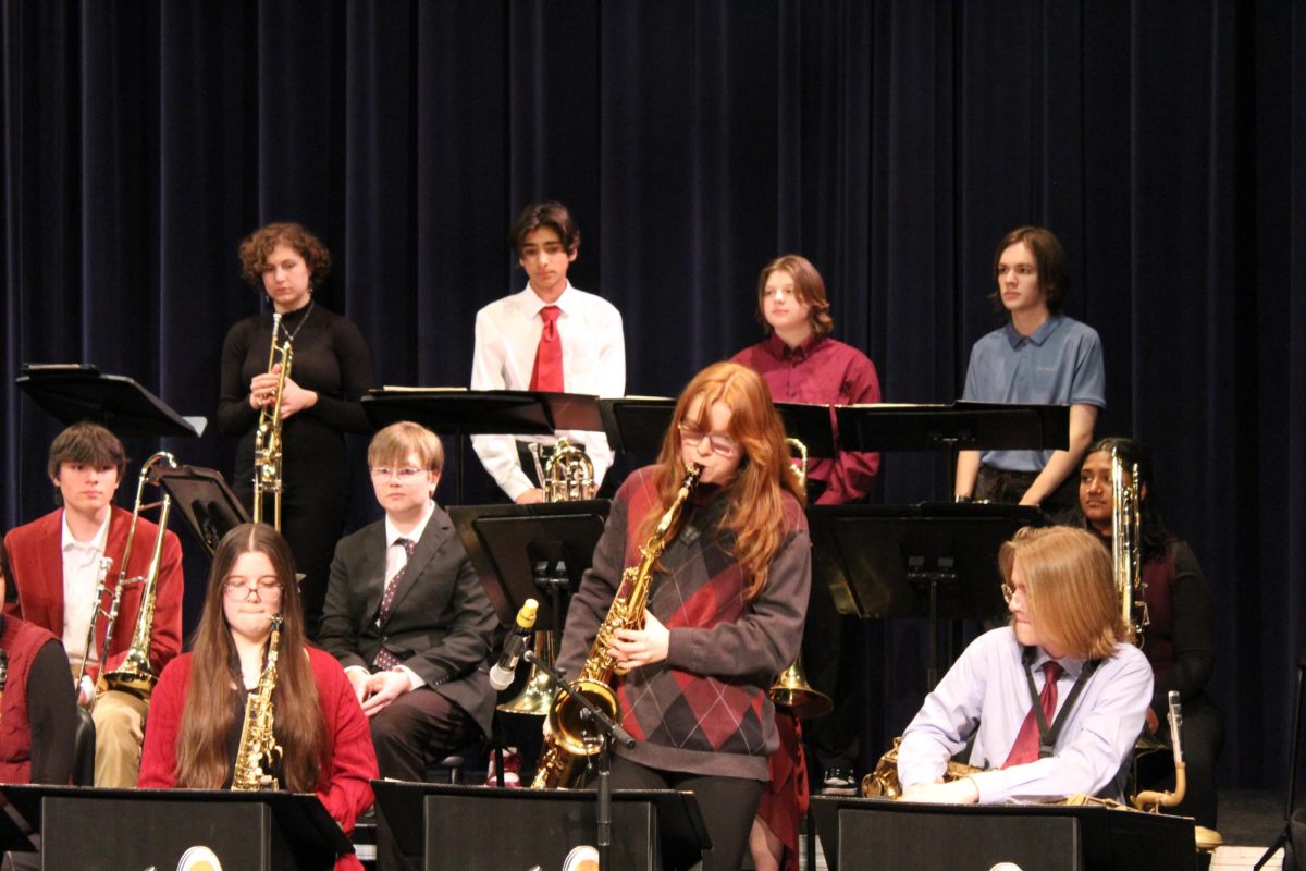 Senior Bre Dunworth performs a solo on the tenor Saxophone. Dunworth performed this solo for Emancipation Blues.