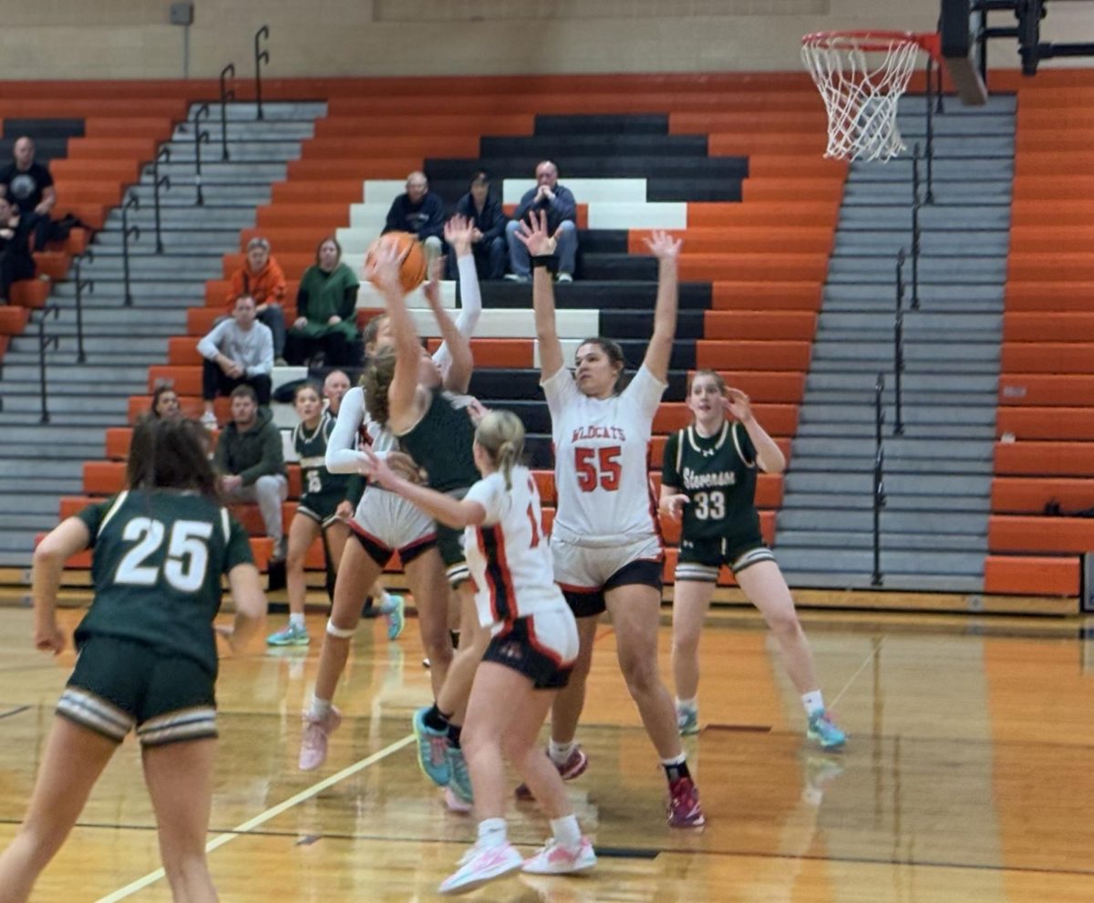 Libertyville Wildcats block and defend their basket from the Stevenson Patriots, their opponents, with a two-handed block from senior Madison Sears (55).
