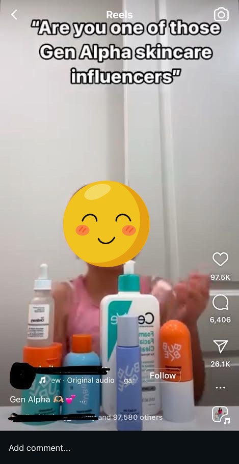 A young influencer, around ten years old, creates a “Get Ready With Me” reel on Instagram, where she goes through her skincare routine, using the many products on the table in front of her. Her face and Instagram are hidden for privacy reasons.