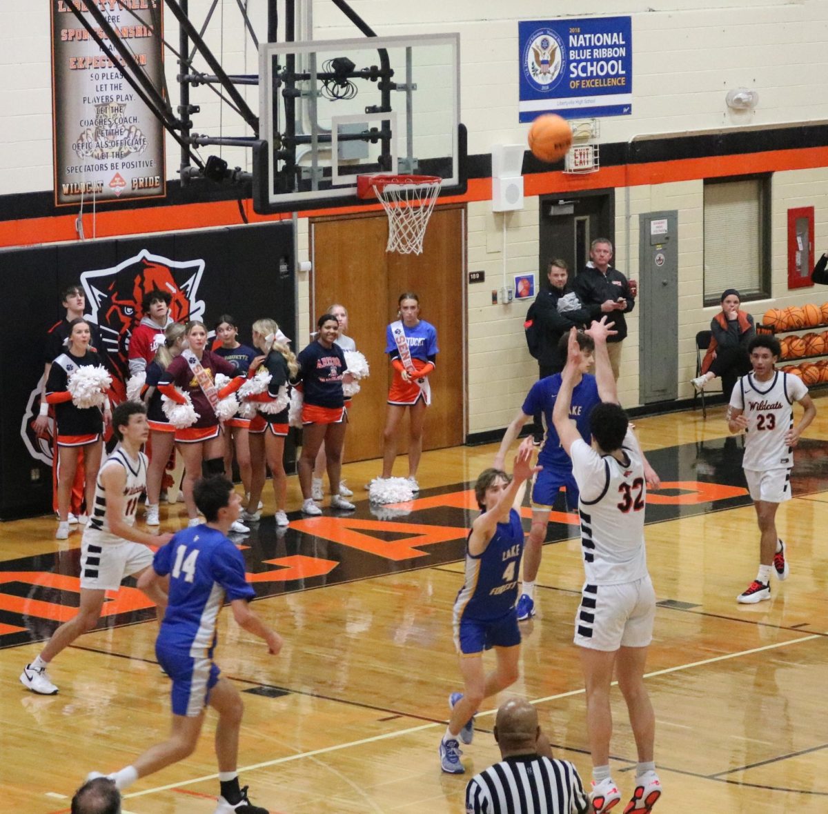 Junior Bryce Wegrzyn (32) sinks a basket against the Lake Forest Scouts. Bryce Wegrzyn scored 8 points in the second half of the game against the Scouts this Tuesday, February 11, 2025.