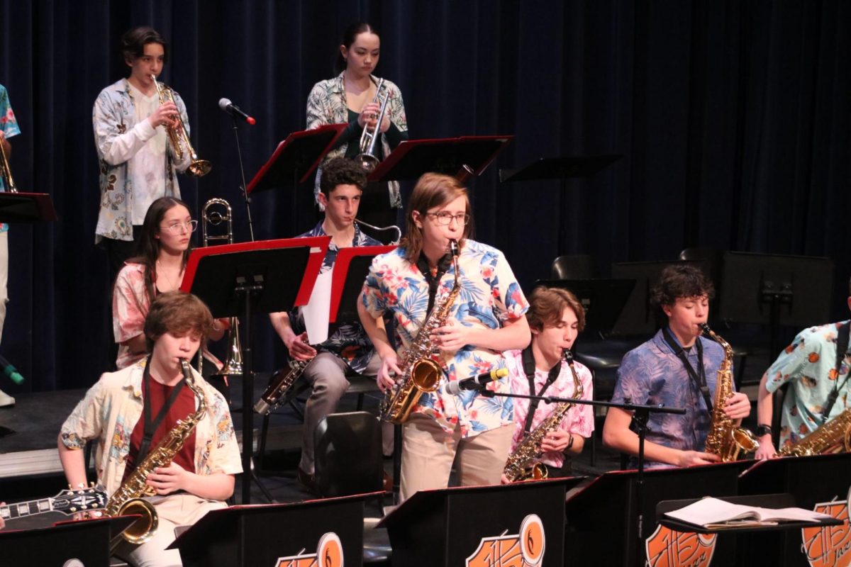 During Jazz Lab Band’s performance of “Baytrail Shuffle” by Maria Schneider, freshman Bennet Aquino performs an improvised solo. This final concert showcased the Jazz program’s growth throughout the year.