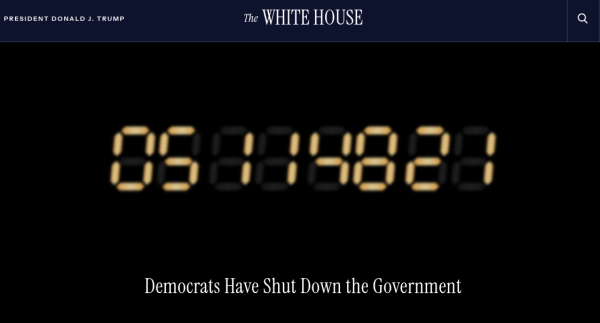 The official White House page features a timer since the government has shut down and a statement saying “Democrats have shut down the Government.” “If there ever was a government shutdown, I think it would be a tremendously negative mark on the President of the United States,” Trump said in a 2011 interview. Photo taken from the Official White House website on Oct. 6 at 11:46 a.m.

