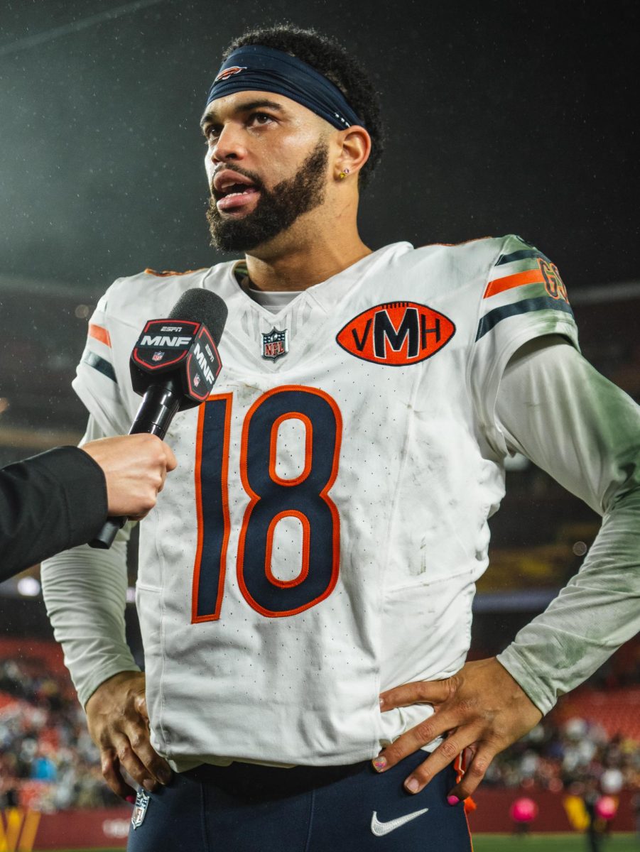 Caleb Williams reflects on his win against the Washington Commanders on Oct. 13. The Chicago Bears ended their season going 11-6, winning themselves the top position in the NFC North division—their first division title since 2018. Their significant and lasting run for the Super Bowl woke up many Bears fans around the world and made everyone excited and hopeful for this new, successful team. (Photo courtesy of All-Pro Reels)