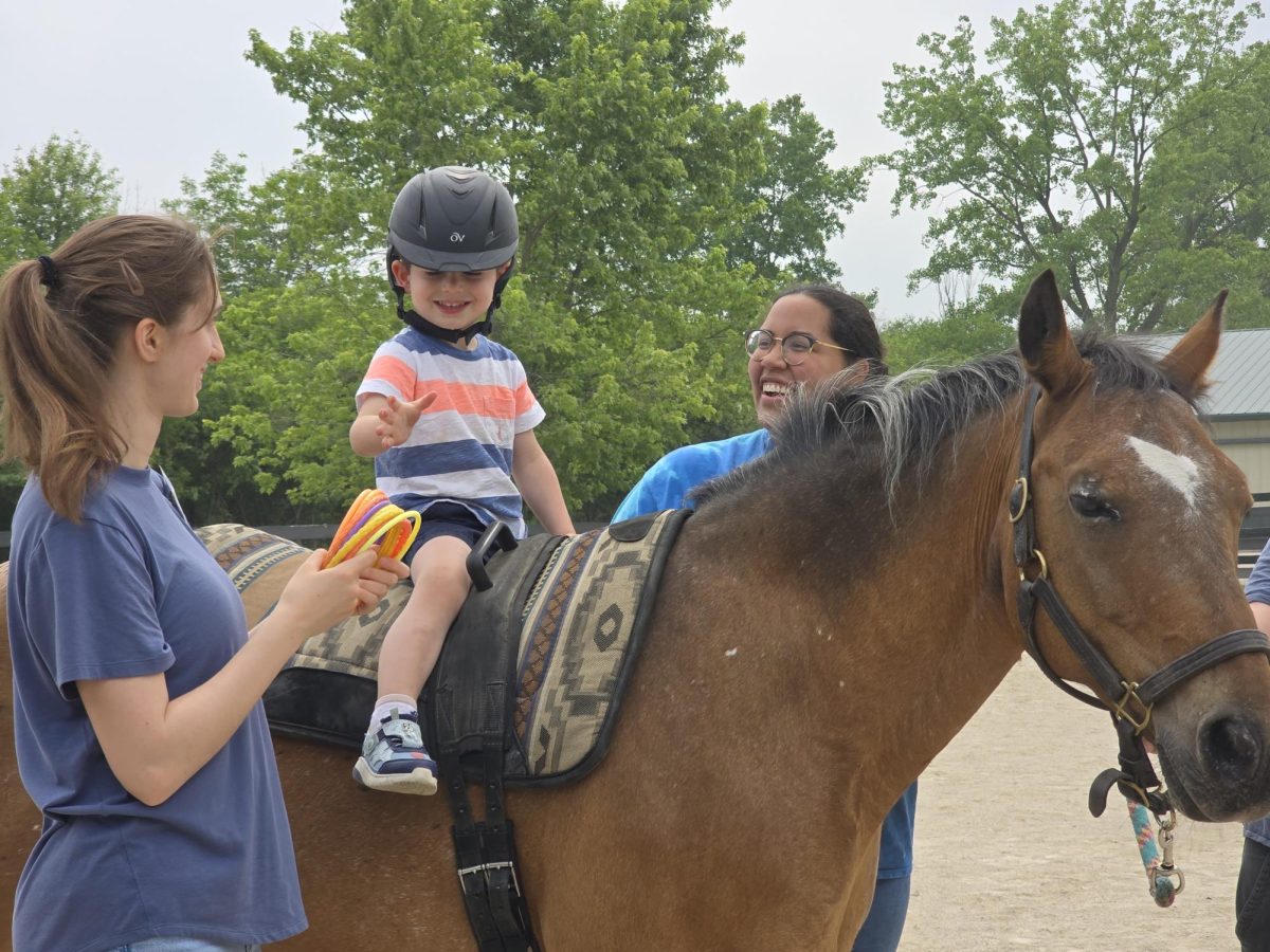 Professional therapists and volunteers provide care to a young client. “My goal from the start, which is still our mission, is to provide for those who cannot get help,” Ms. Schnell said. (Photo courtesy: Equestrian Connection)