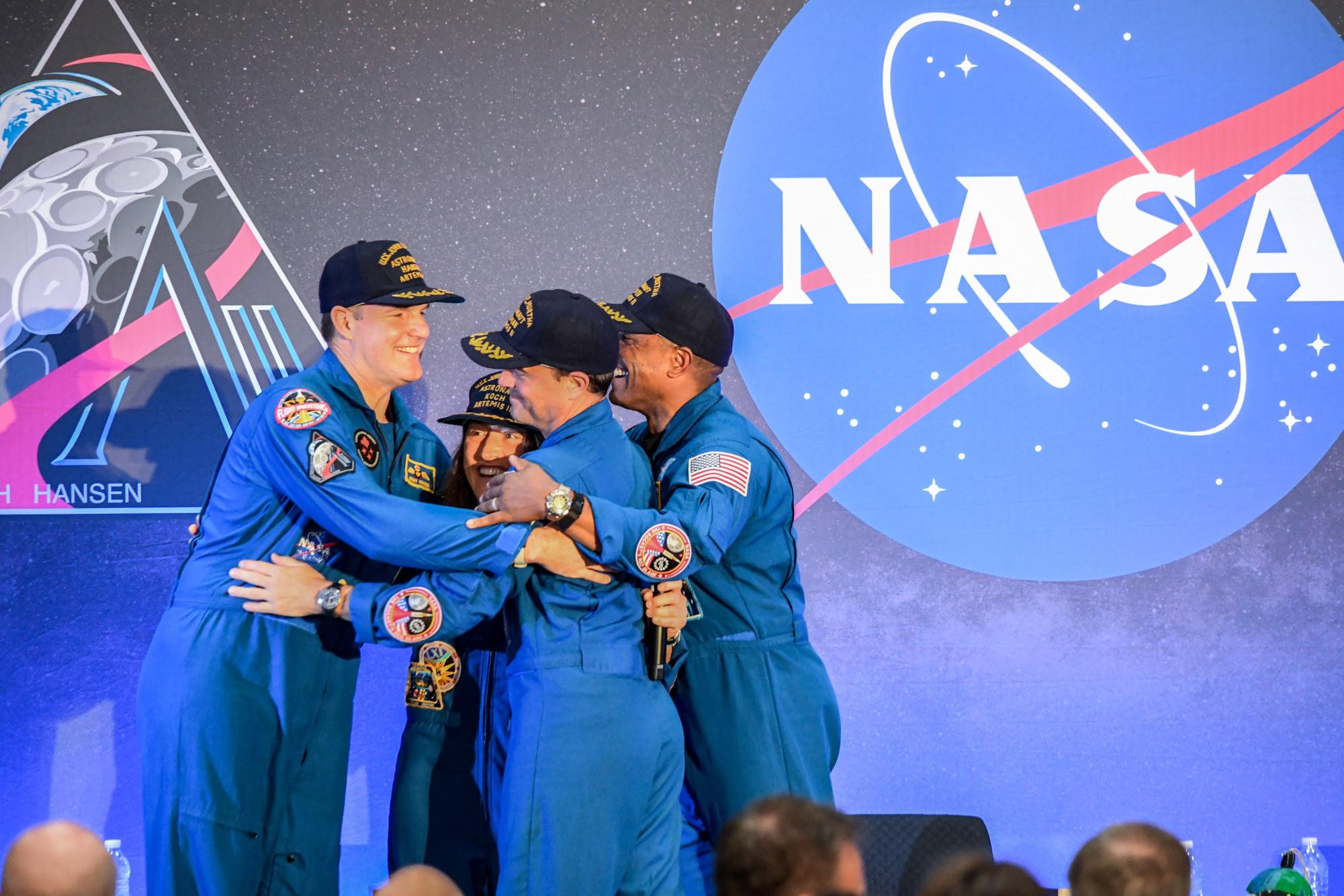 After a 10-day journey to the moon and back, NASA’s Artemis II crew, NASA astronauts Reid Wiseman, commander; Victor Glover, pilot; Christina Koch, mission specialist; and Canadian Space Agency (CSA) astronaut Jeremy Hansen, celebrated by sharing brief remarks after landing at Ellington Airport, just near NASA’s Johnson Space Center in Houston. 