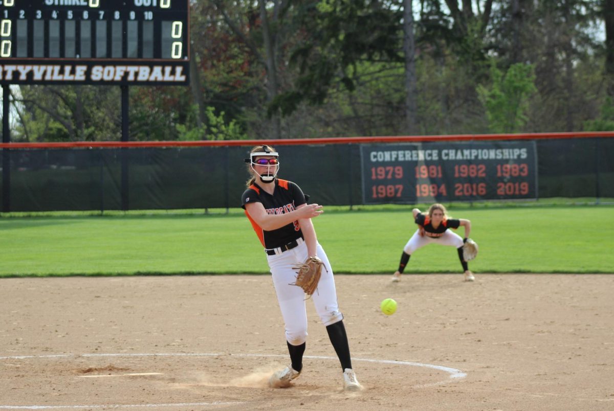 Sophomore Mckenna Weaver pitches for the Champions during the top of the second inning. Weaver’s strong presence on the mound lasted all game, as she limited the Champions' opportunities on base.